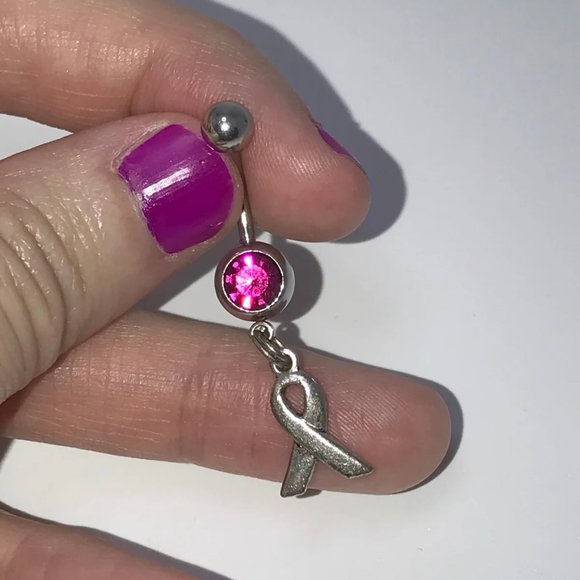 Hot Pink Awareness Ribbon Dangle Belly Ring - Picture 8 of 10